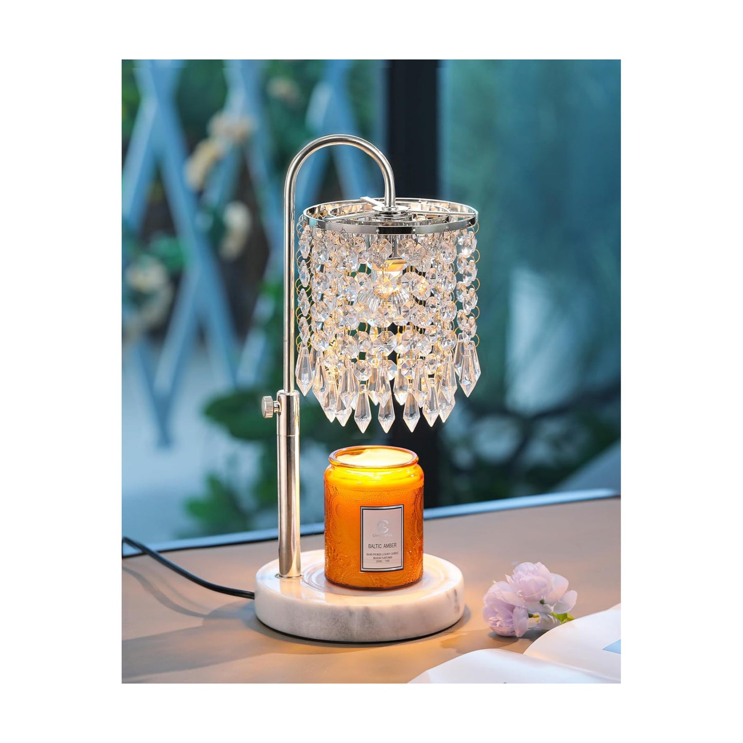 Candle Warmer Lamp with Timer Dimmer and 3 Bulbs, Candle Lamp Warmer with Marble Base for Adjustable Height, Crystal