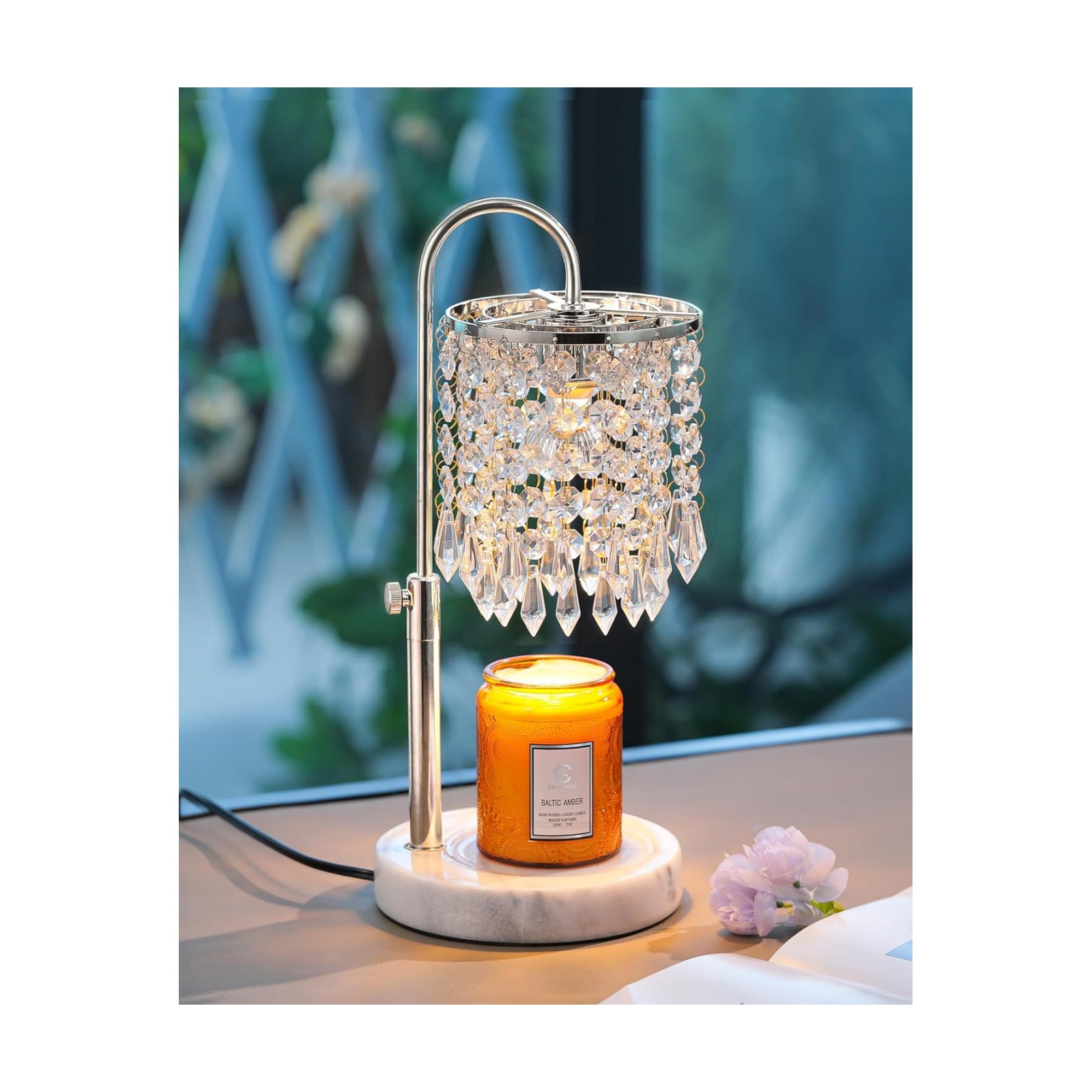 Candle Warmer Lamp with Timer Dimmer and 3 Bulbs, Candle Lamp Warmer with Marble Base for Adjustable Height, Crystal