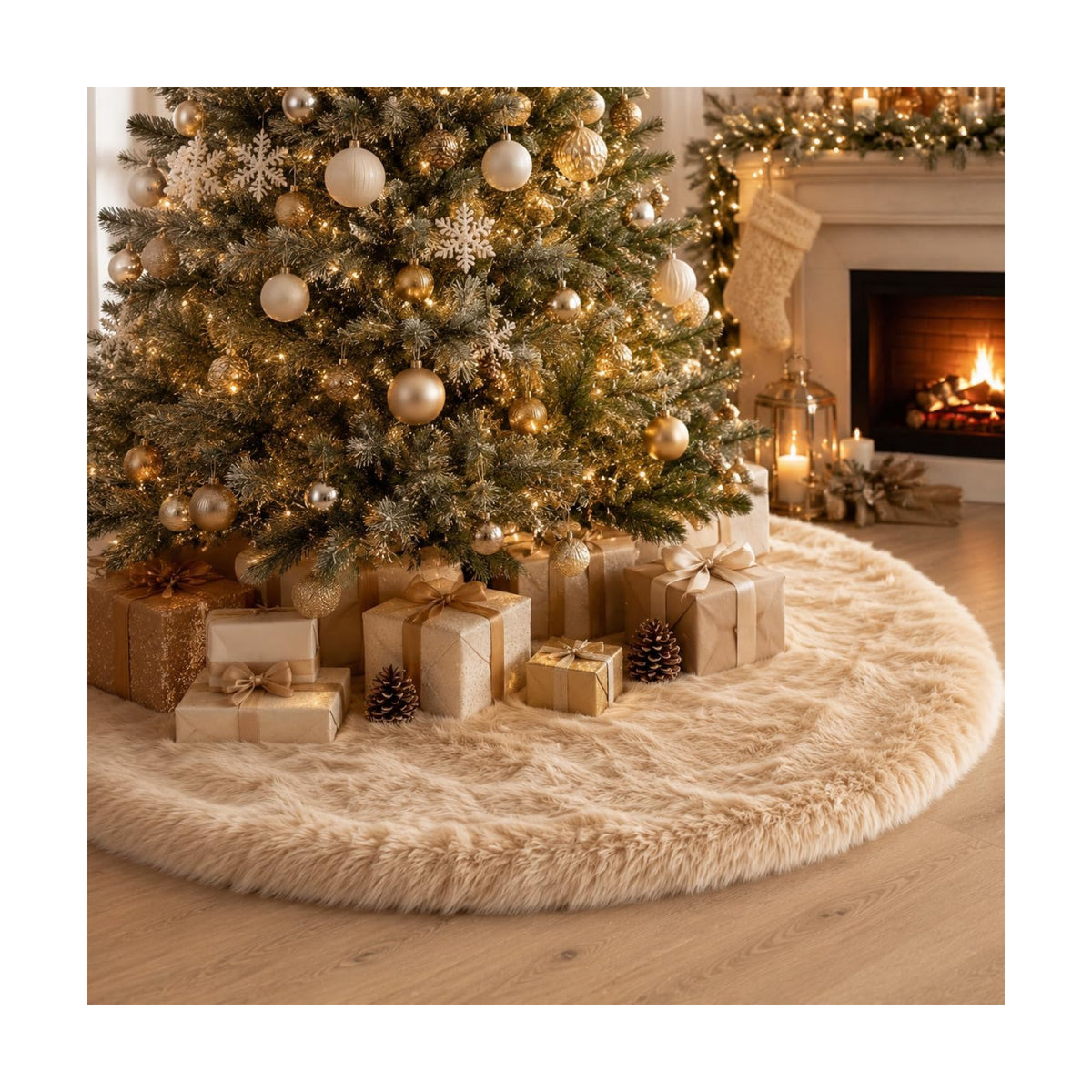 AOGU 48 Inch Faux Fur Christmas Tree Skirt Beige Plush Skirt for Merry Christmas Party Christmas Tree Decoration