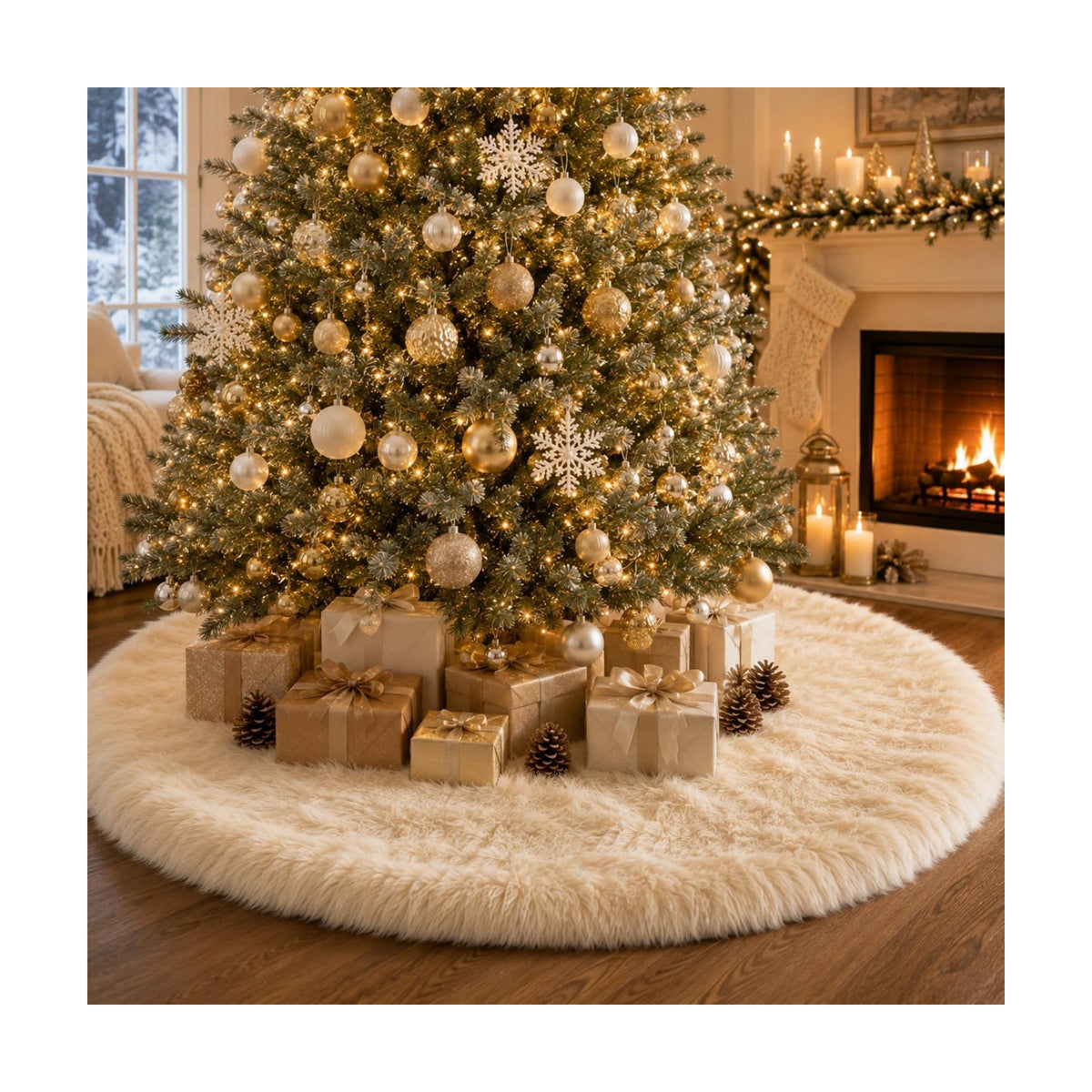 AISENO 60 Inch Christmas Tree Skirt - Beige Faux Fur Plush Holiday Decor for Xmas Tree, Festive Party, Home Decorations