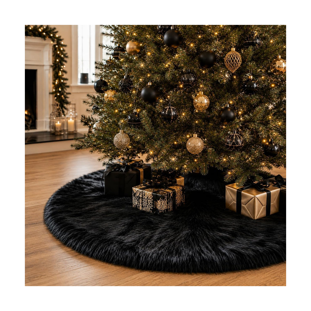 AISENO 48 Inch Black Faux Fur Christmas Tree Skirt - Halloween Tree Skirt Plush Holiday Decor for Xmas Tree, Festive Party, Home Decorations