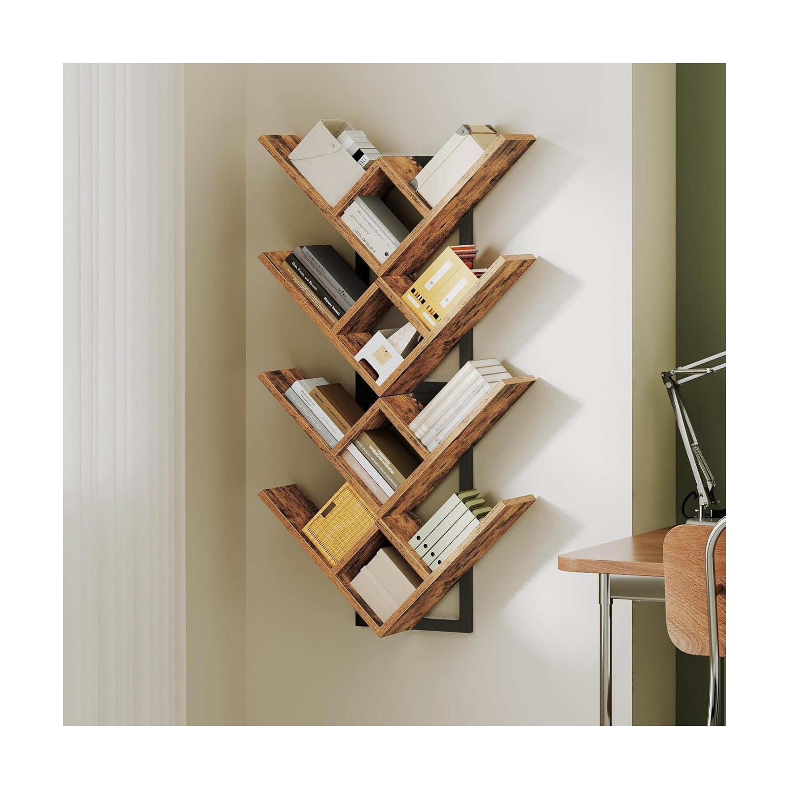 HOOBRO Floating Shelves for Wall, Set of 2 Wall Mounted Shelves, 2-Tier Wooden Tree Bookshelf, Hanging Shelves Storage
