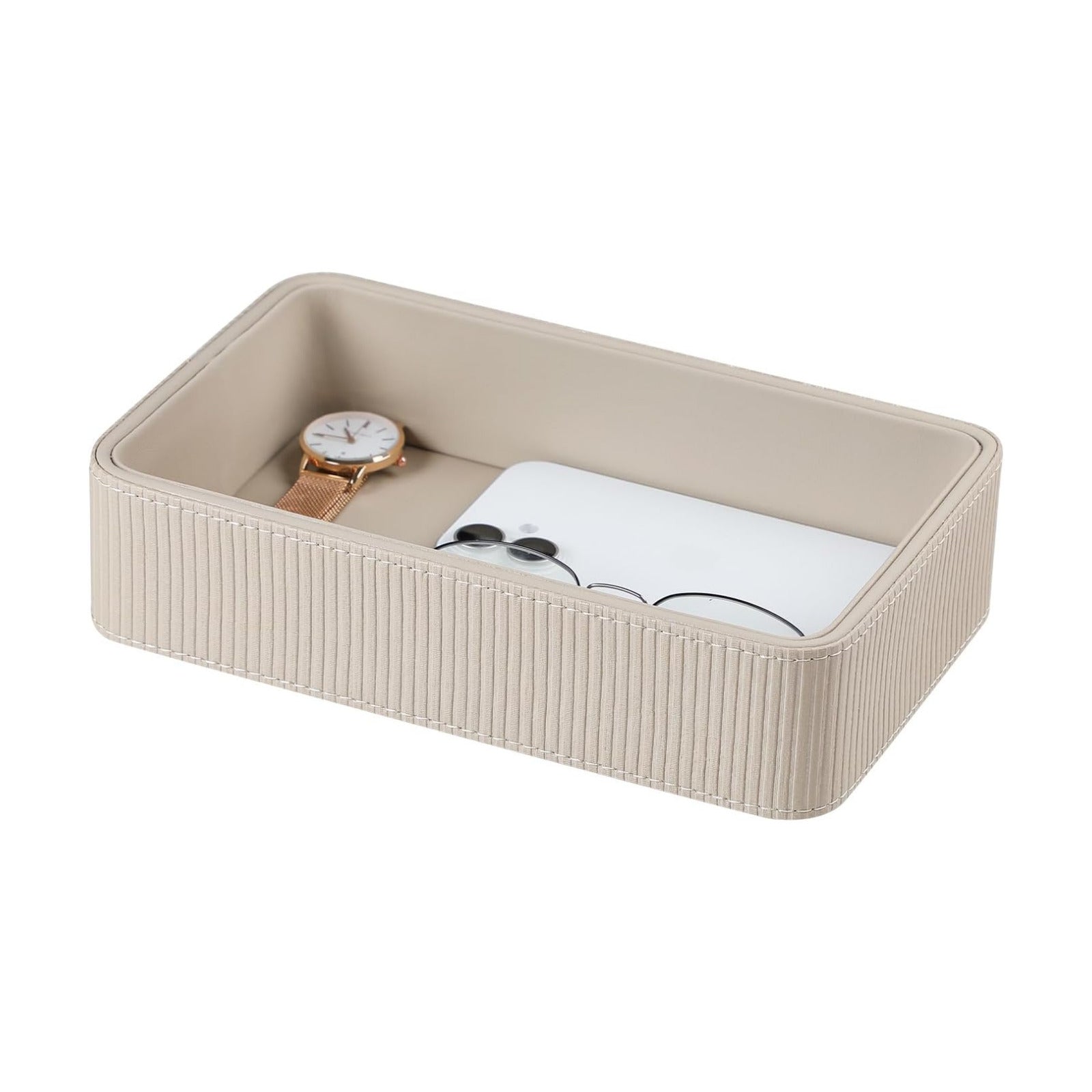 PU Leather Valet Tray Organizer / Beige / 9.5 x 5.9 x 2.2