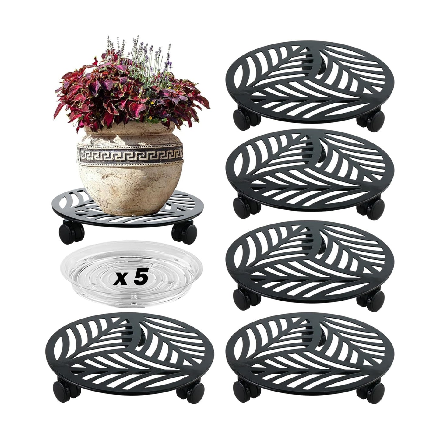 5 Packs Large Metal Plant Caddy with PU Wheels 12" Heavy-Duty Wrought Iron Rolling Plant Stands Indoor Outdoor Wheeled