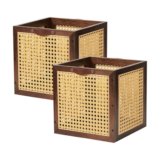 Rattan Storage Cubes Wooden Storage Baskets Boxes Decorative Handmade / Walnut / Natural / Set of 2