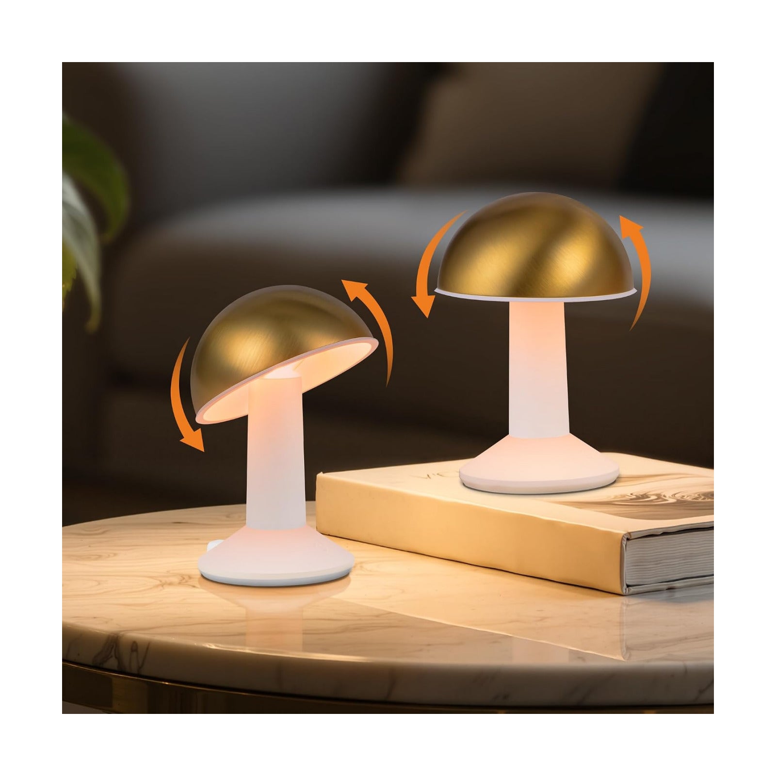 Tubicen 2 Pack Rotatable Mushroom Table Lamp Gold Cordless Bedside Lamp | 4-Level Dimmable Battery Rechargeable Small
