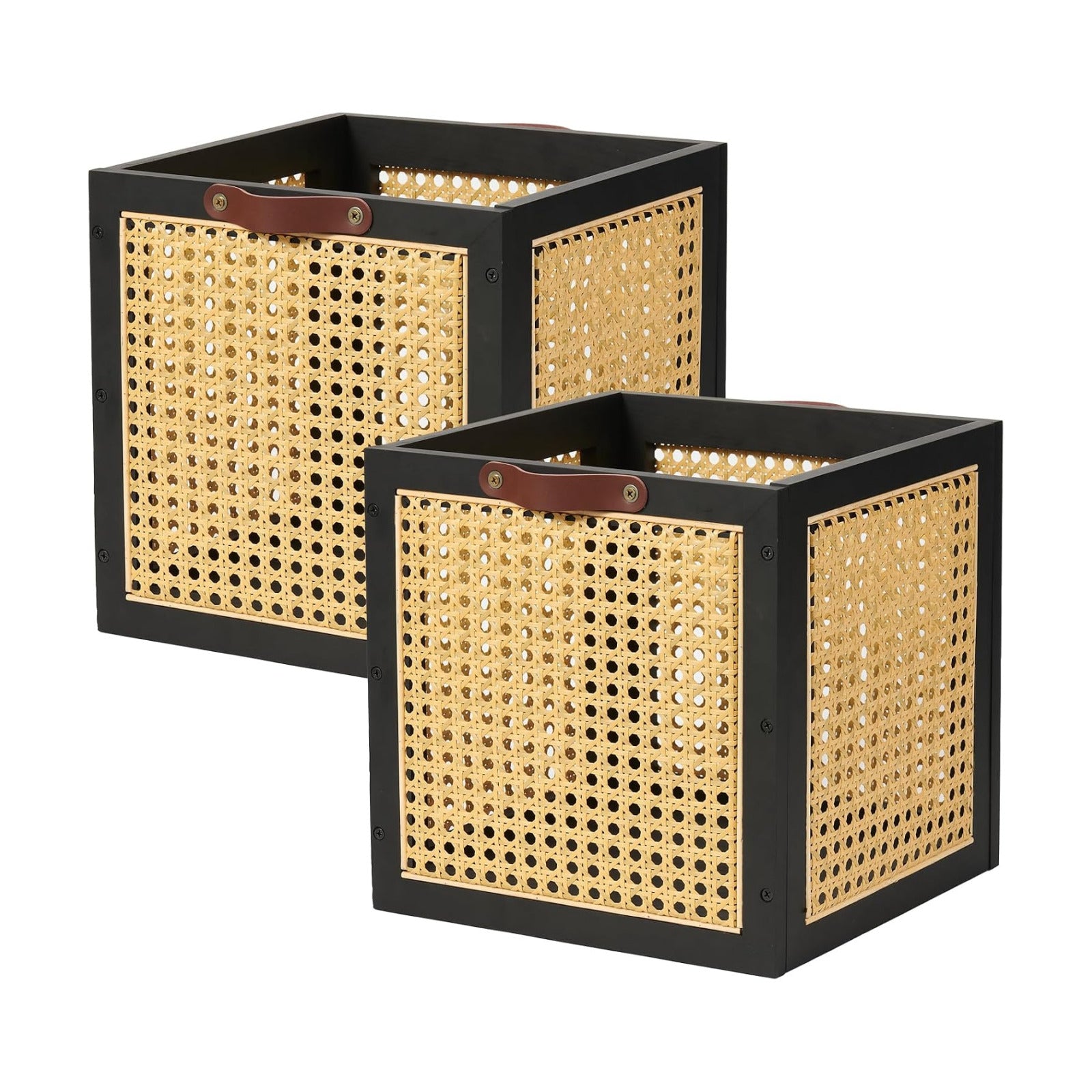 Rattan Storage Cubes Wooden Storage Baskets Boxes Decorative Natural Handmade / Black / Set of 2