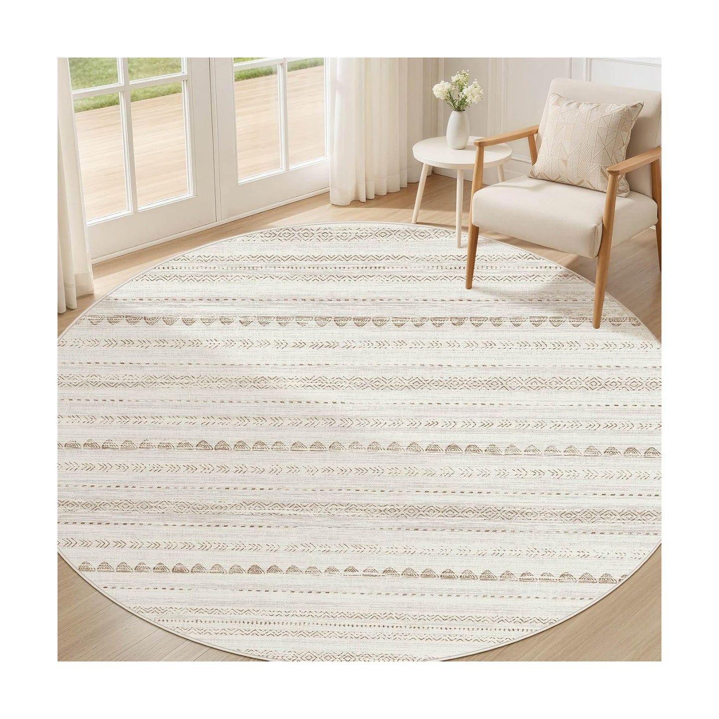 Nakagishi Round Rug Boho Area Rugs: 5x5 Washable Large Circle Neutral Soft Stain Resistant Non-Slip Carpet for Women