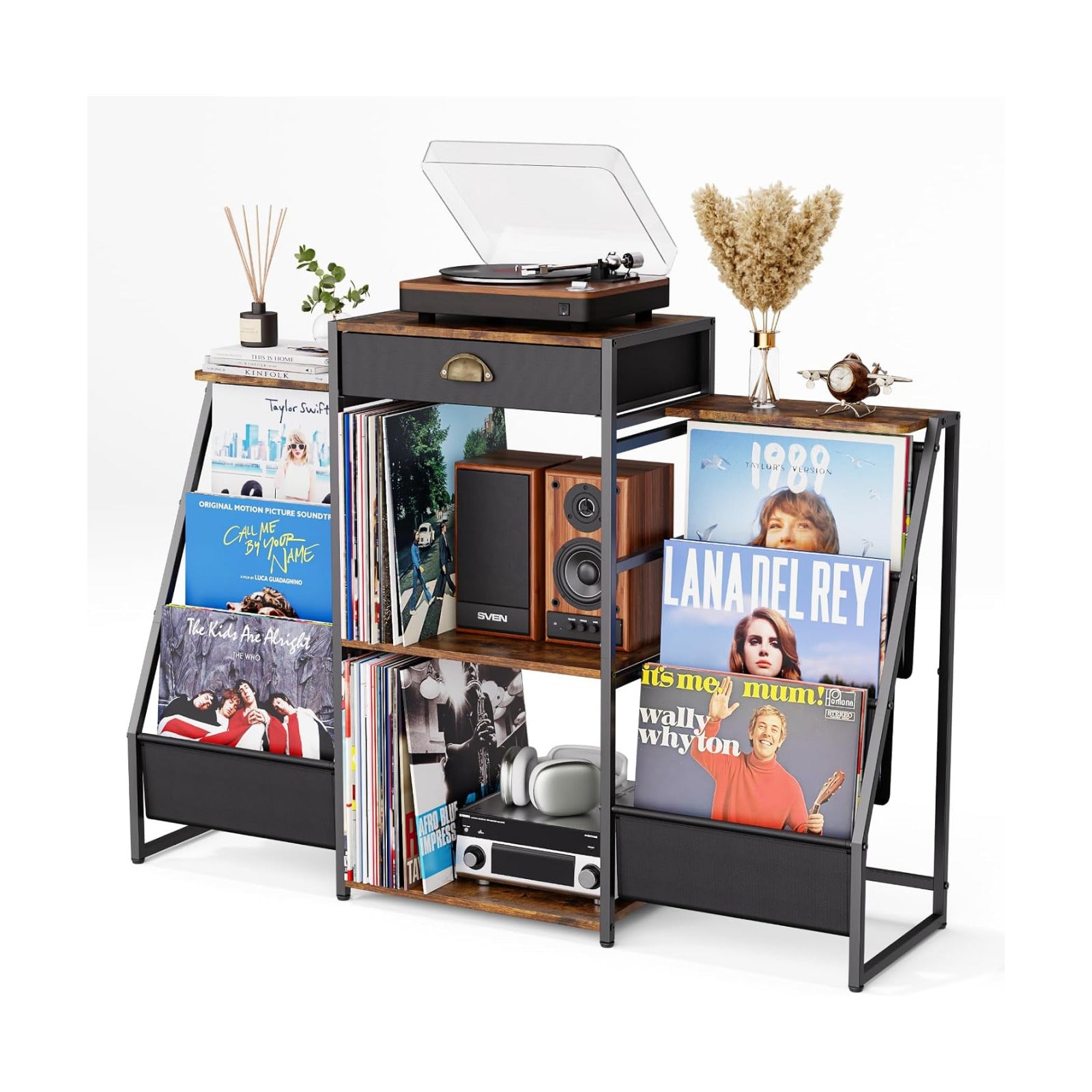 Record Player Stand with Vinyl Storage – Record Table with Holder,6-Bin Vinyl Storage Rack & Drawer, Dual Side Display