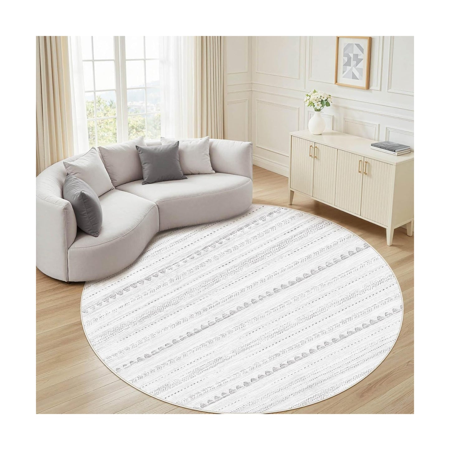 Nakagishi Round Rug Boho Area Rugs: 8x8 Washable Large Circle Neutral Soft Stain Resistant Non-Slip Carpet for Women