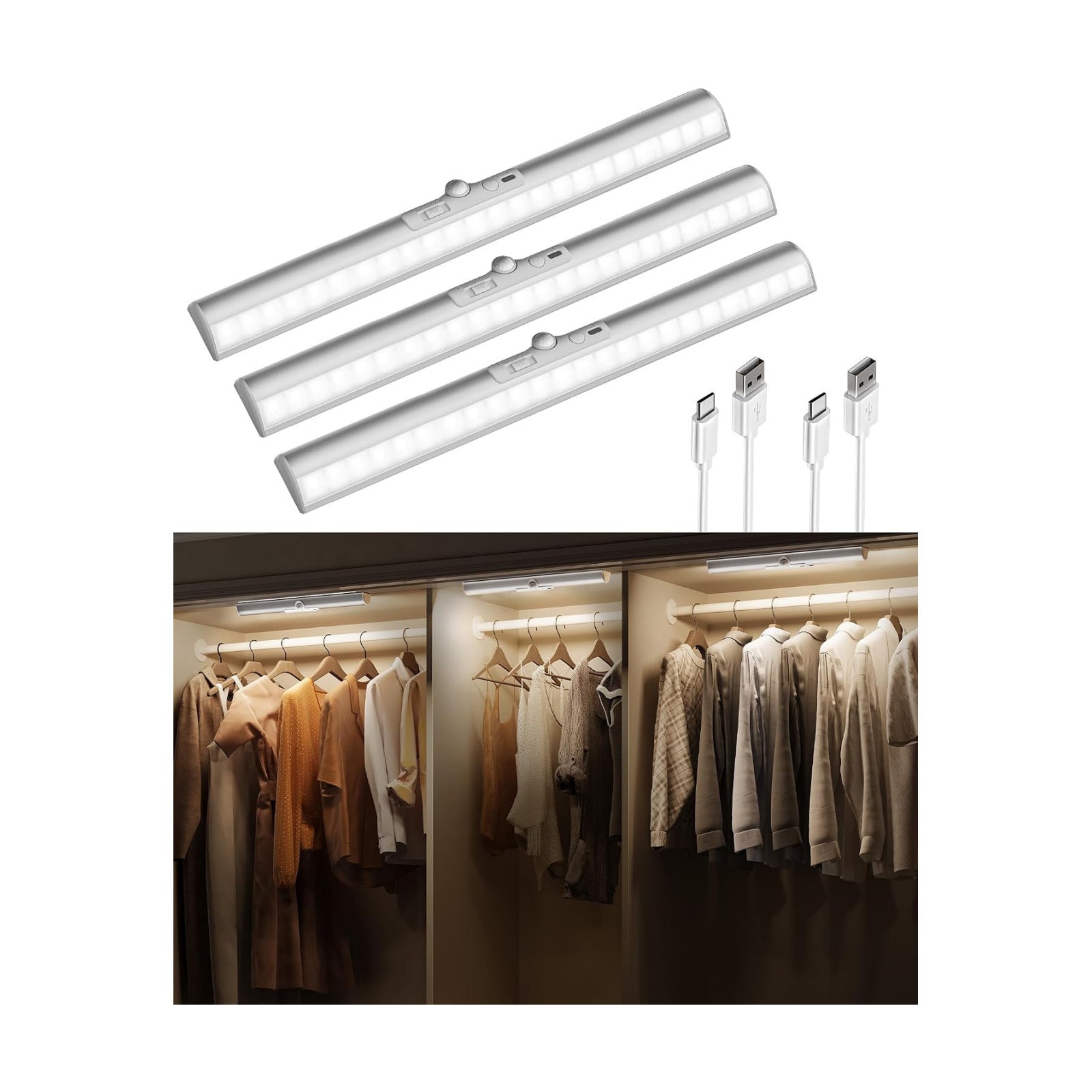 EZVALO 15-inch Motion Sensor Closet Lights with Adjustable Sensor | Rechargeable Battery, Glare-Free, Indoor Use, 3