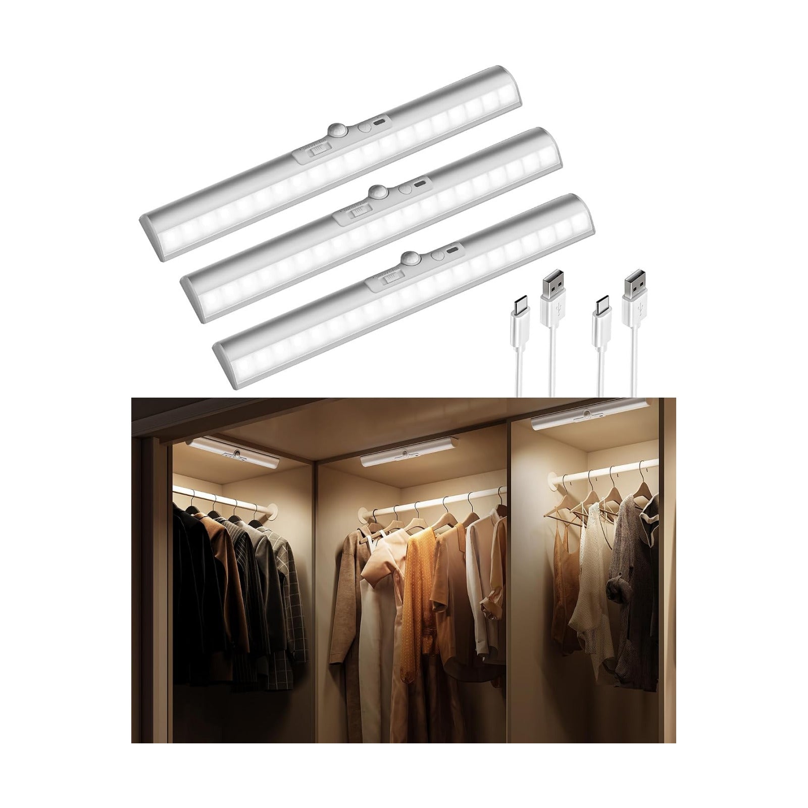 EZVALO 13-inch Motion Sensor Closet Light with Eye-Protection Design, 1800mAh Rechargeable Battery Cabinet Lighting, 3