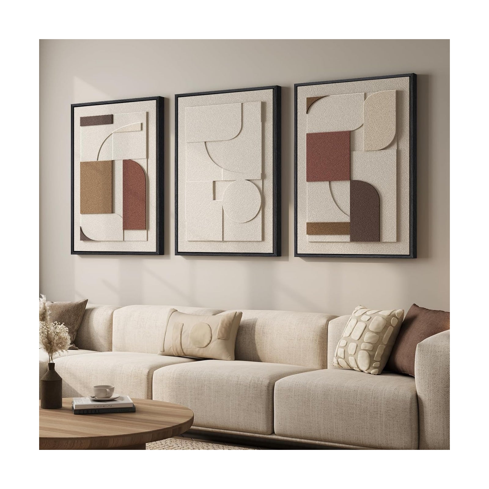 3D Textured Large Framed Neutral Abstract Wall Art for Living Room, 3 Piece