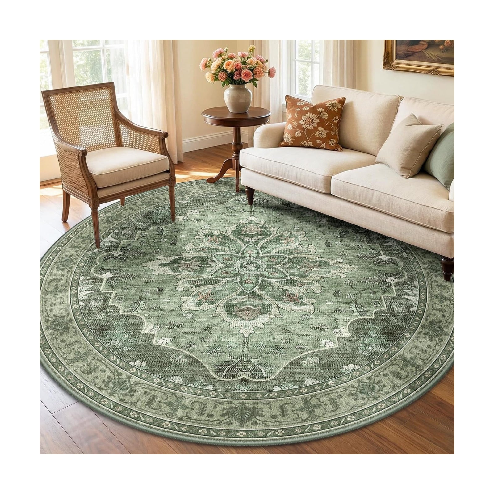 RELEANY Washable Area Rug, Round 6ft, Green/Dark Green/Gray