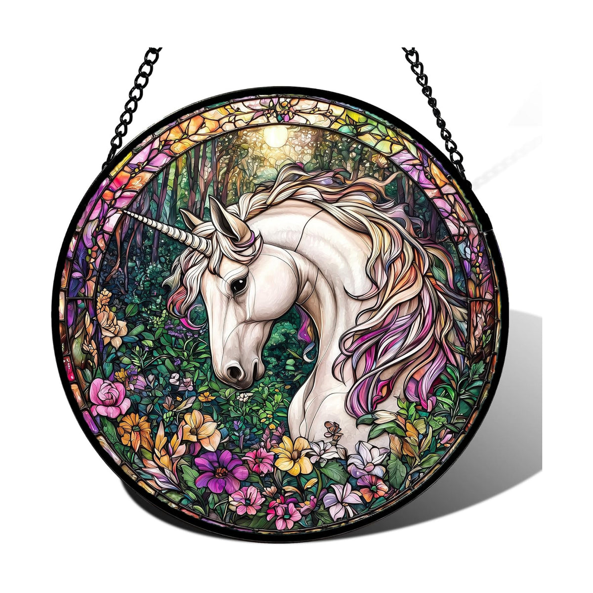 Unicorn in Flower Forest Stained Glass Window Hanging Suncatcher Gift 15"