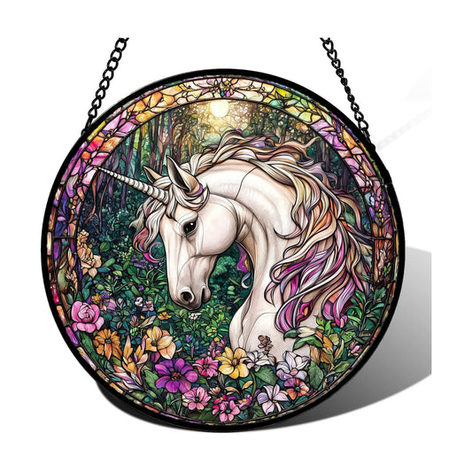 Unicorn in Flower Forest Stained Glass Window Hanging Suncatcher Gift 15"