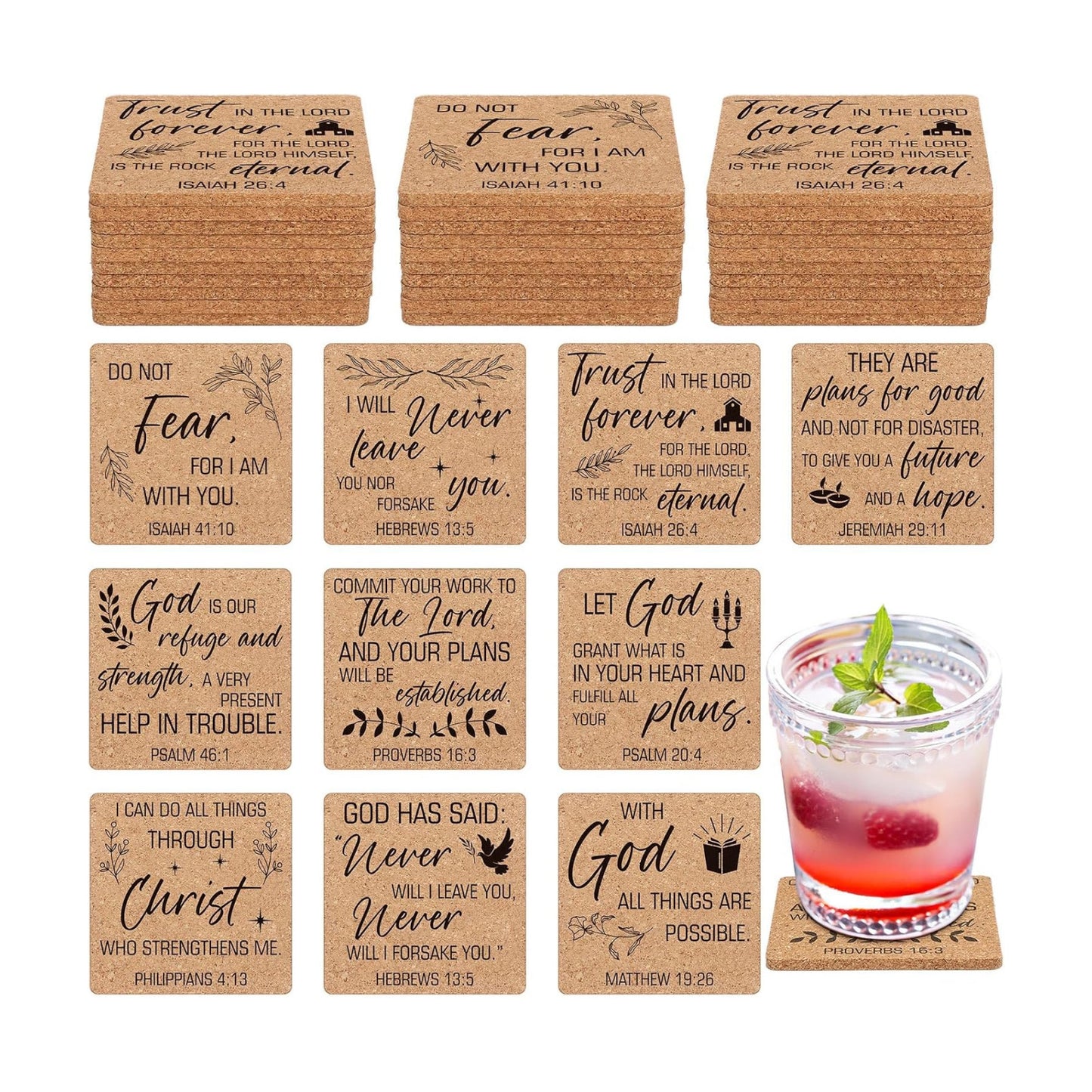 Bible Verses 4" Christian Cork Drink Coasters Set Bulk for Adults / Square / Set of 50