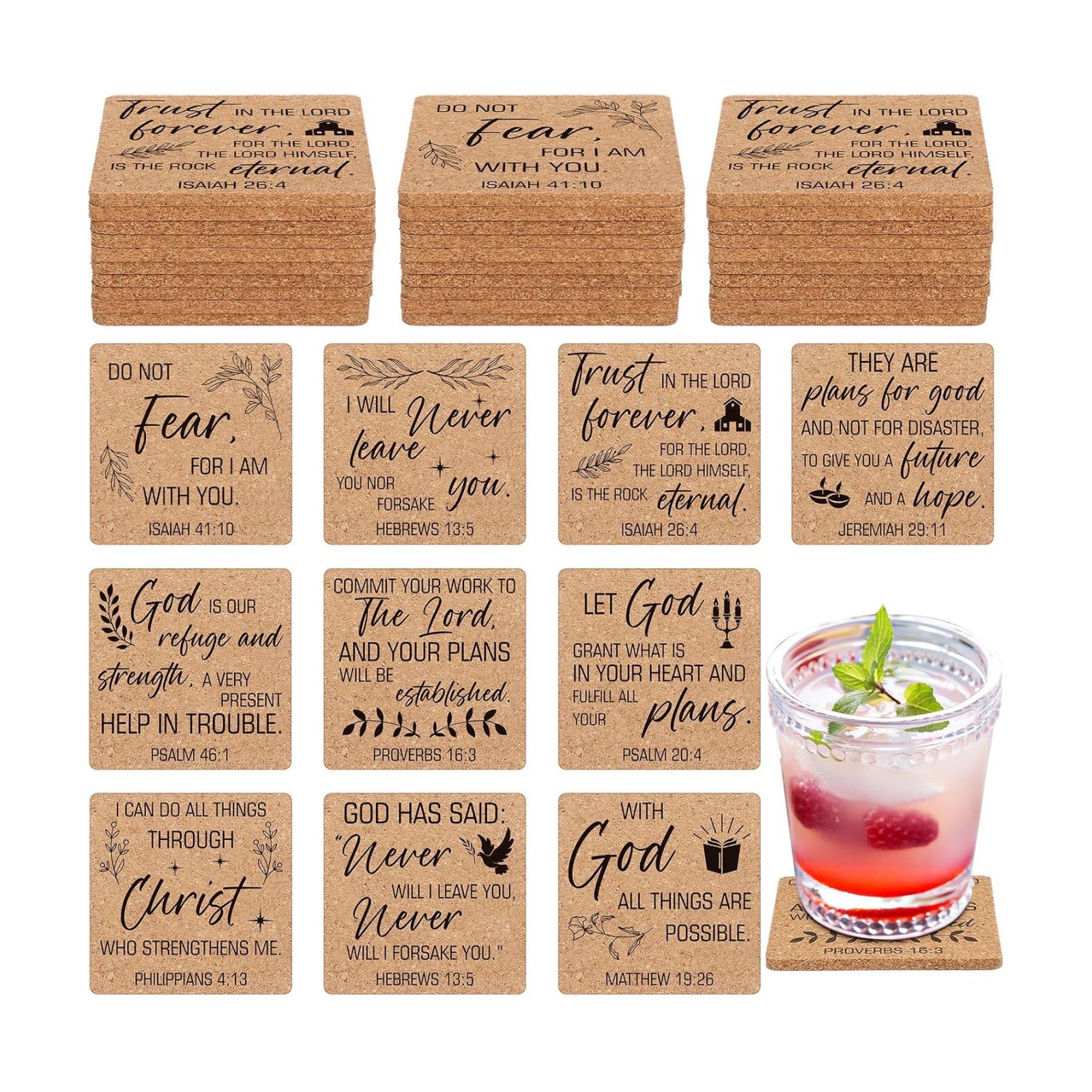 Bible Verses 4" Christian Cork Drink Coasters Set Bulk for Adults / Square / Set of 50