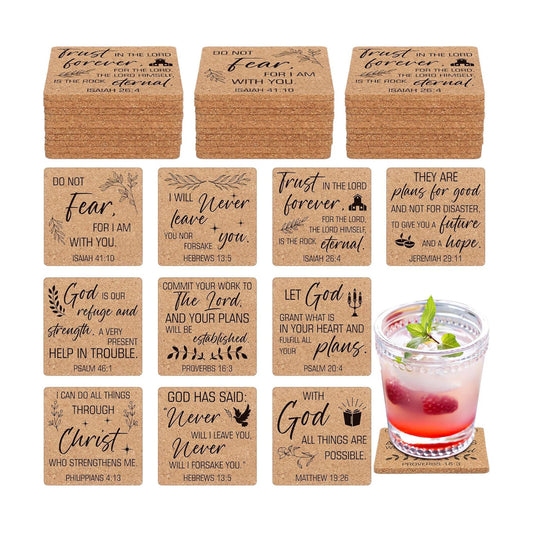 Bible Verses 4" Christian Cork Drink Coasters Set Bulk for Adults / Square / Set of 50