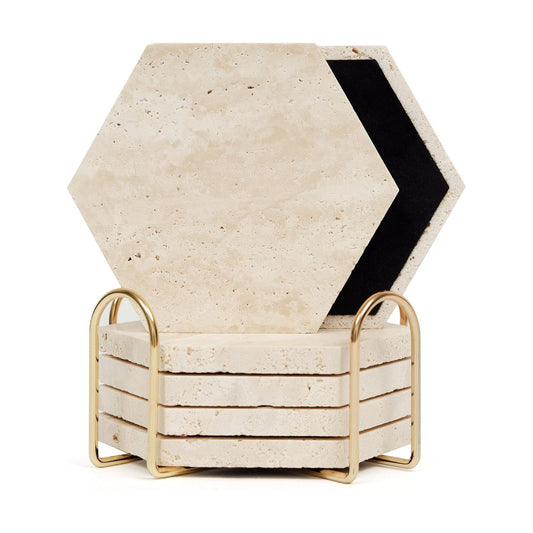 Holder / Hexagonal Rustic Farmhouse Marble Drink Coasters / 02 - Hexagon / Beige / Set of 6