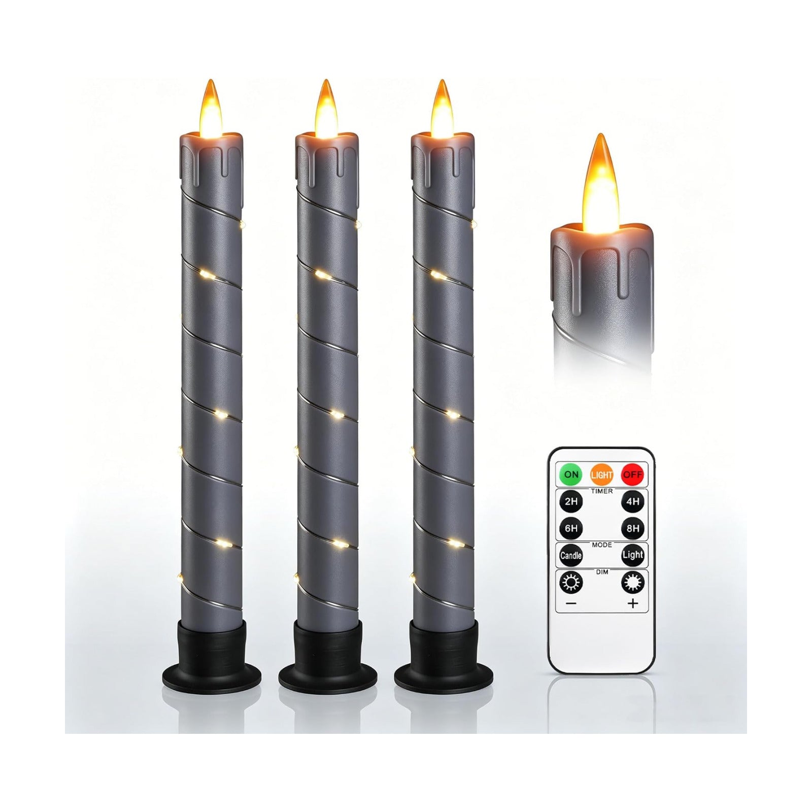 3 Pack Gray Dripping Wax Flameless Candles, Realistic Dynamic Flame LED Taper Candles with Surrounding Fairy String
