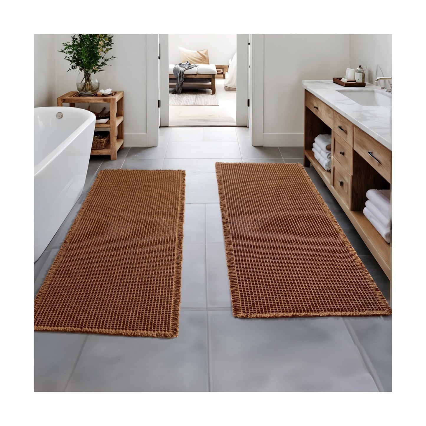 MIULEE Set of 2 Waffle Bathroom Runner Rugs Caramel 2'x6'(24"x72")