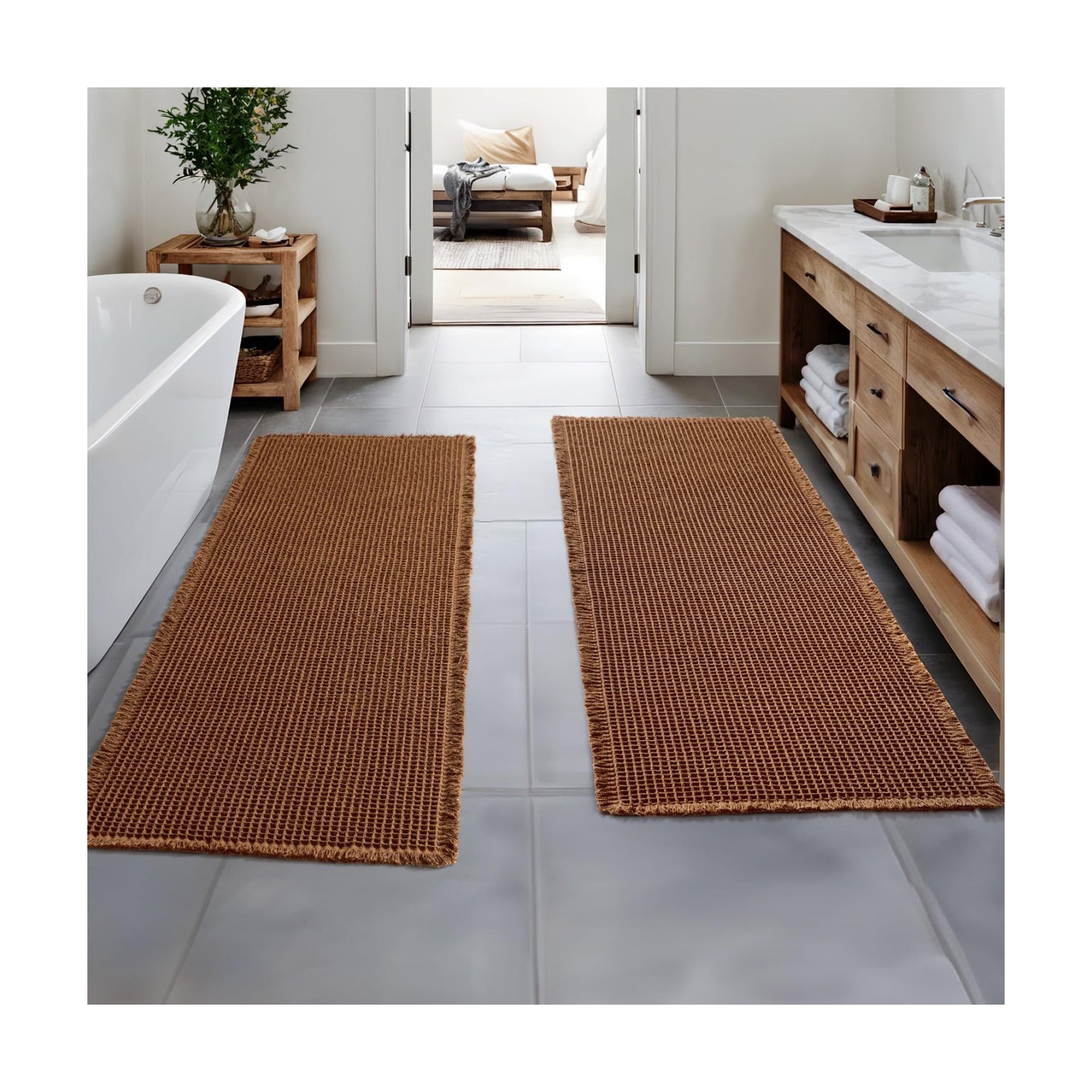 MIULEE Set of 2 Waffle Bathroom Runner Rugs Caramel 2'x6'(24"x72")