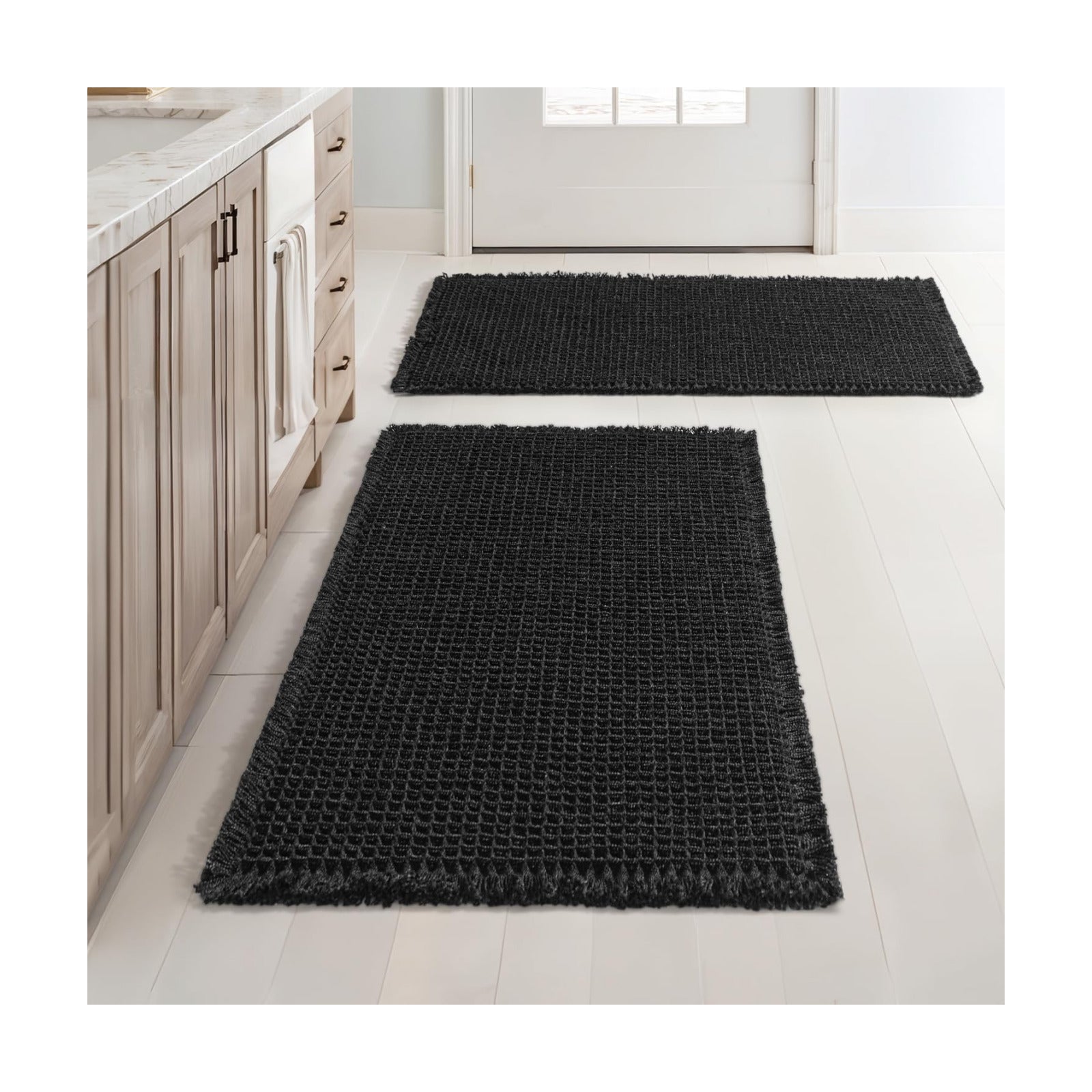 MIULEE Set of 2 Waffle Bathroom Rugs Boho Bath Mat Black 18x30 Inch