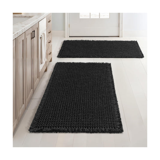 MIULEE Set of 2 Waffle Bathroom Rugs Boho Bath Mat Black 18x30 Inch