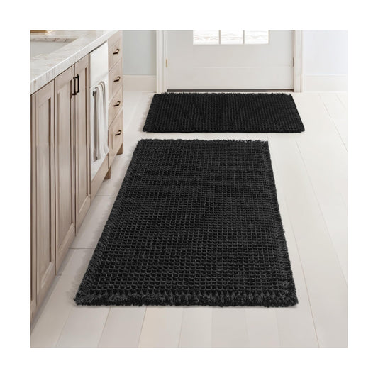 MIULEE Set of 2 Waffle Bathroom Rugs Boho Bath Mat Black 17"x24"+18"x30"
