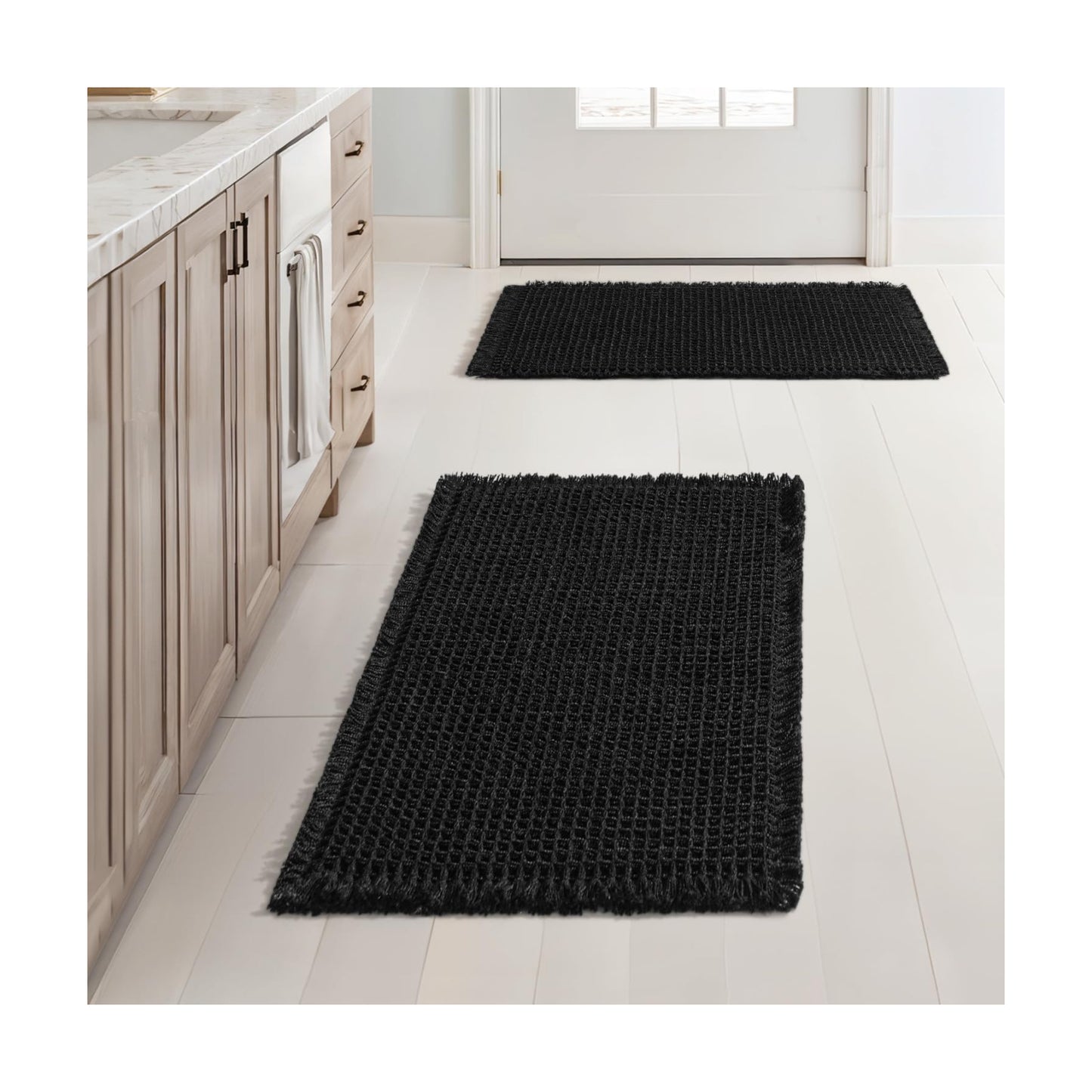 MIULEE Set of 2 Waffle Bathroom Rugs Boho Bath Mat Black 17x24 Inch