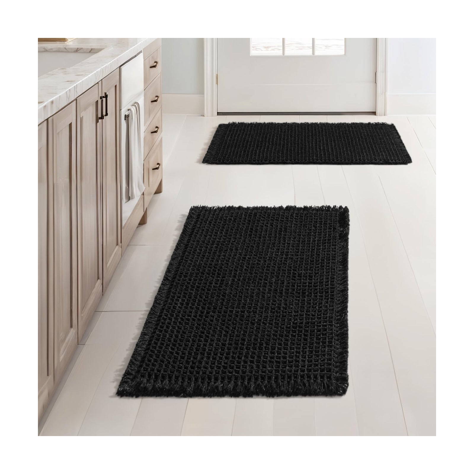MIULEE Set of 2 Waffle Bathroom Rugs Boho Bath Mat Black 17x24 Inch