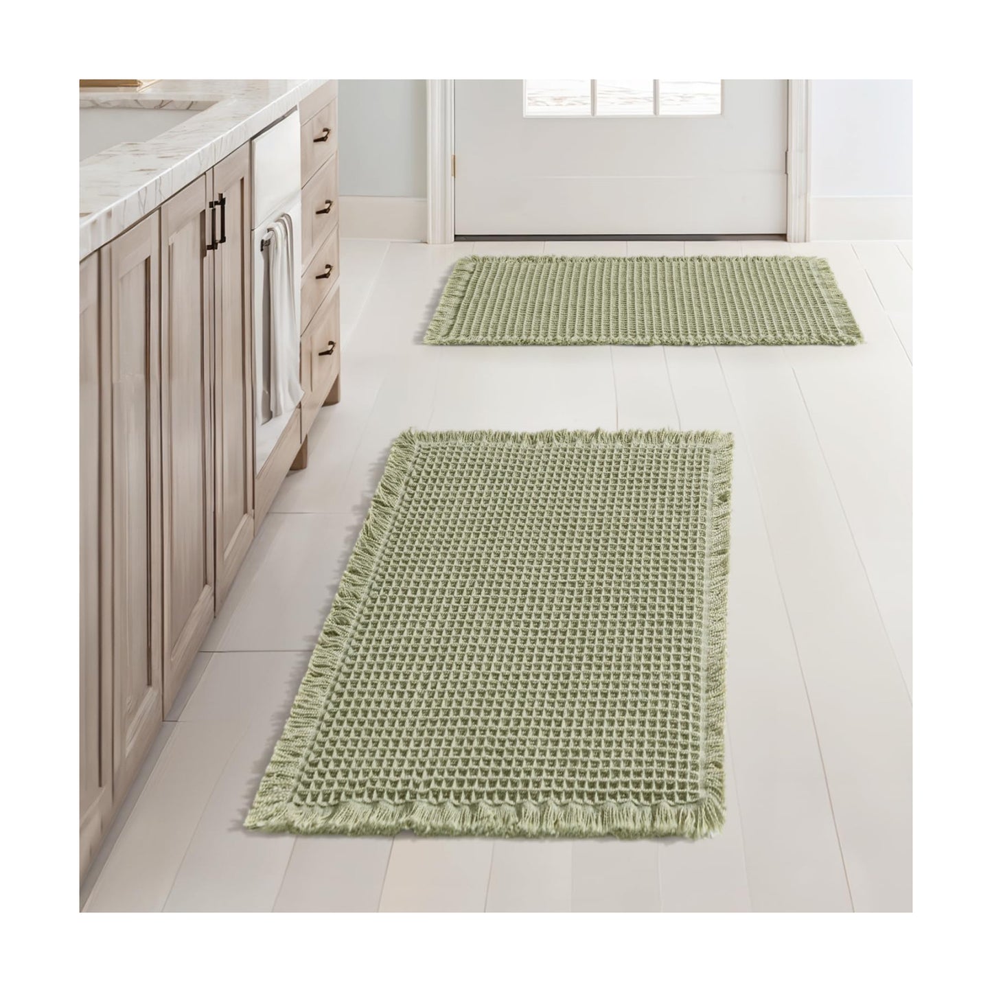 MIULEE Set of 2 Waffle Bathroom Rugs Boho Bath Mat Sage Green 17x24 Inch