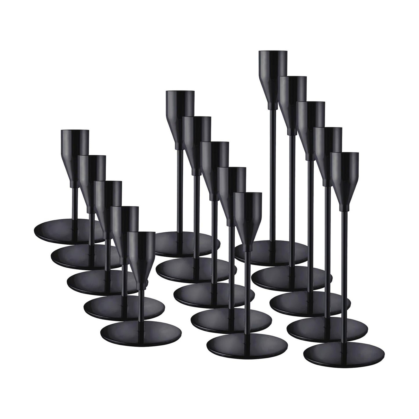 Black Candlestick Holders, Metal Taper Candle Holders,Bulk Set of 15 | Elegant matte black candle stands, 3 heights