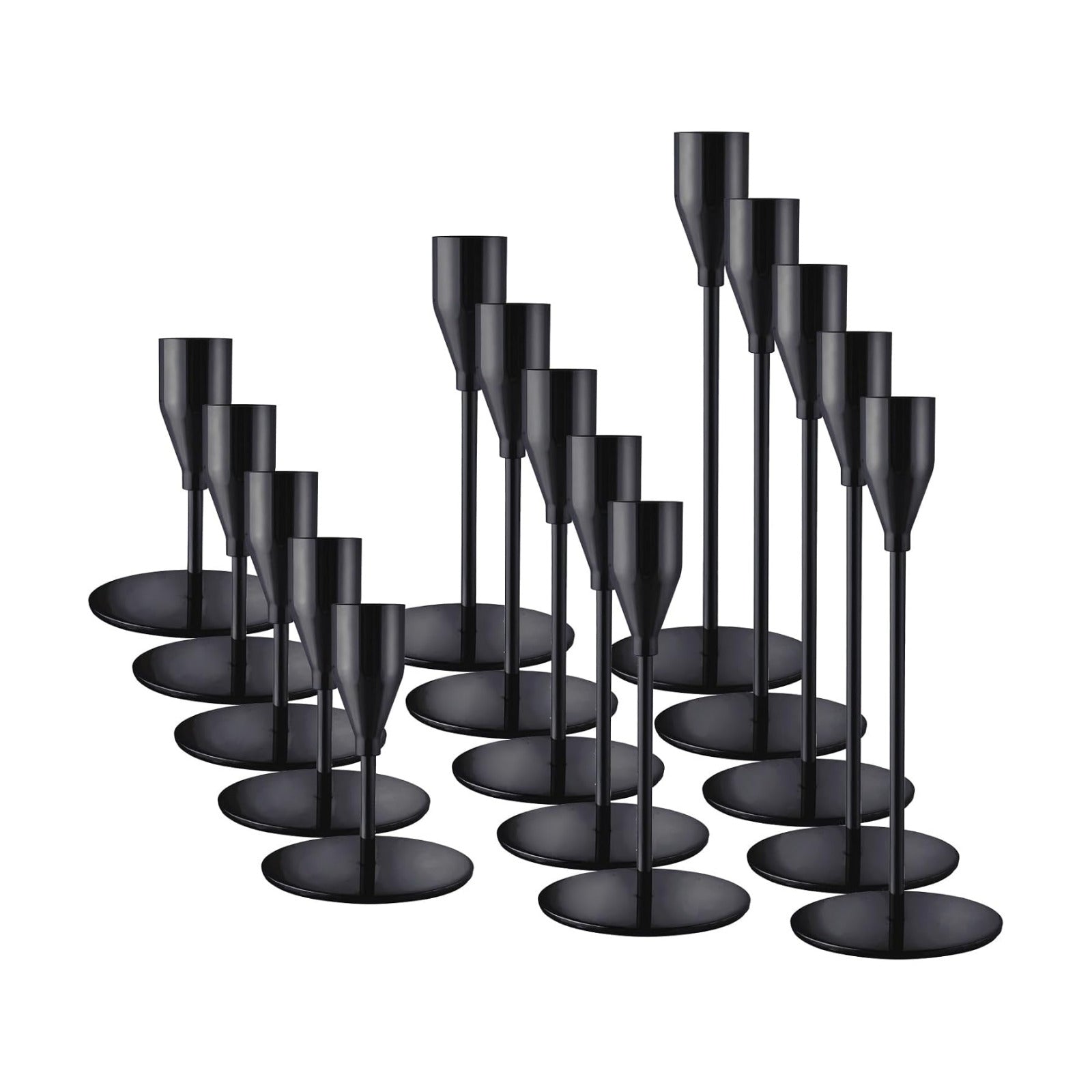 Black Candlestick Holders, Metal Taper Candle Holders,Bulk Set of 15 | Elegant matte black candle stands, 3 heights