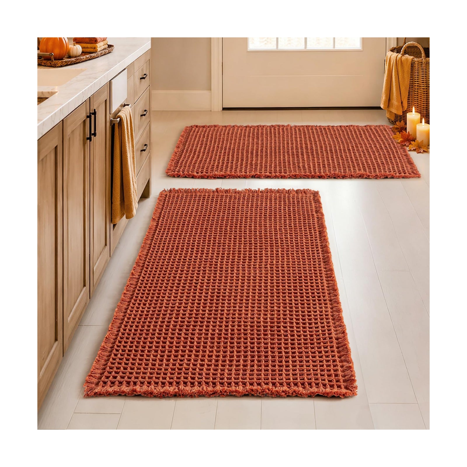 MIULEE Fall Orange Set of 2 Waffle Bathroom Rugs Boho Bath Mat 20x32 Inch