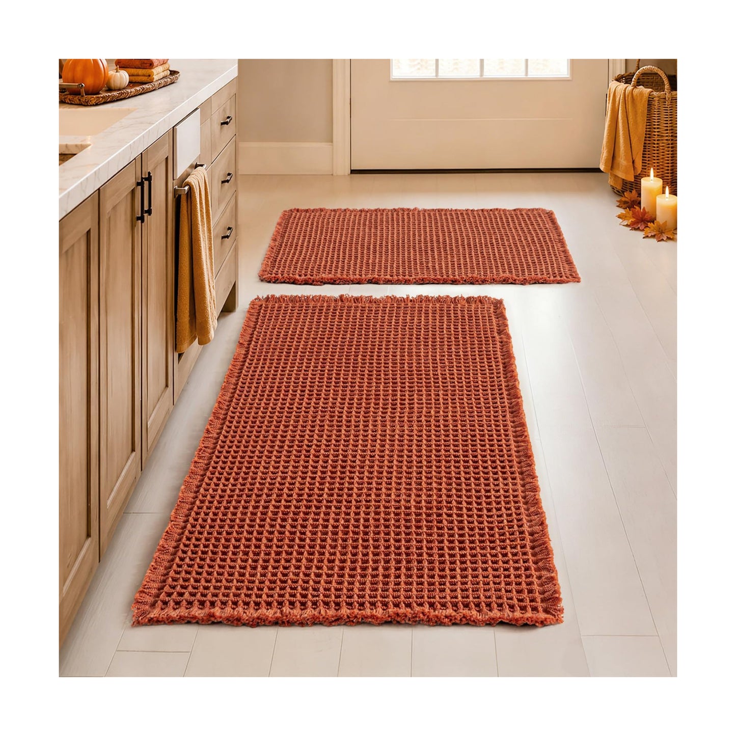 MIULEE Fall Orange Set of 2 Waffle Bathroom Rugs Boho Mat 17"x24"+18"x30"