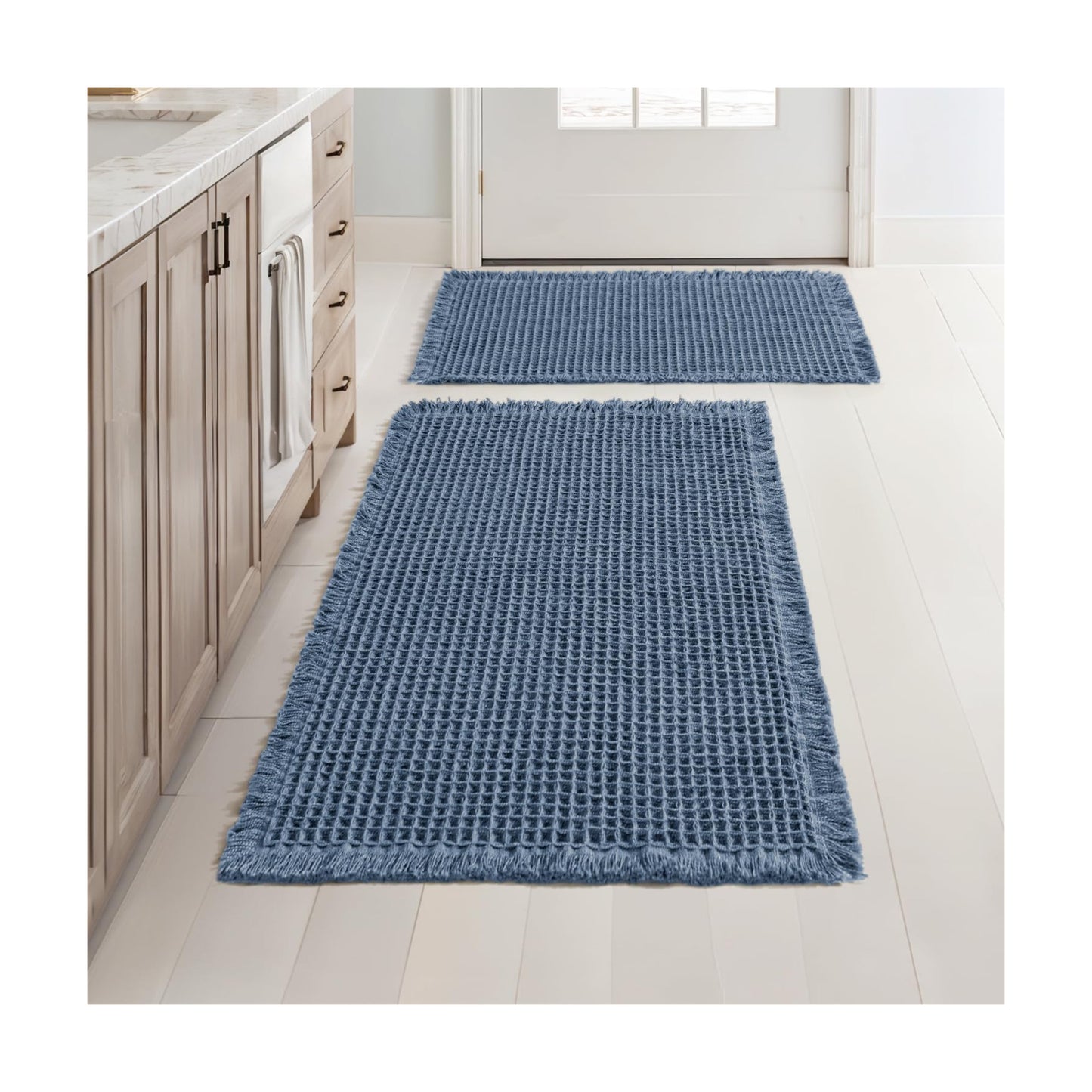 MIULEE Set of 2 Waffle Bathroom Rugs Boho Bath Mat Blue 17"x24"+18"x30"