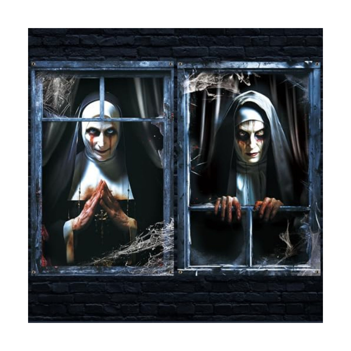 CCINEE 2 Packs Scary Halloween Window Cover Decoration, 3D Ghost Curtains Backdrop Haunted House Garage Door Posters for Indoor Outdoor Wall Window Silhouettes Halloween Party Decor