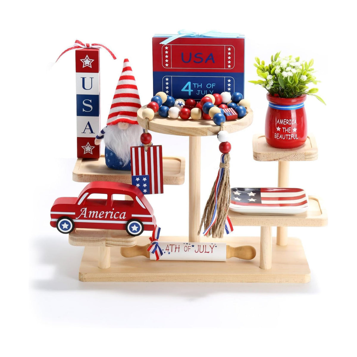 4th of July Decorations 8 Pcs Patriotic Tiered Tray Decor Set