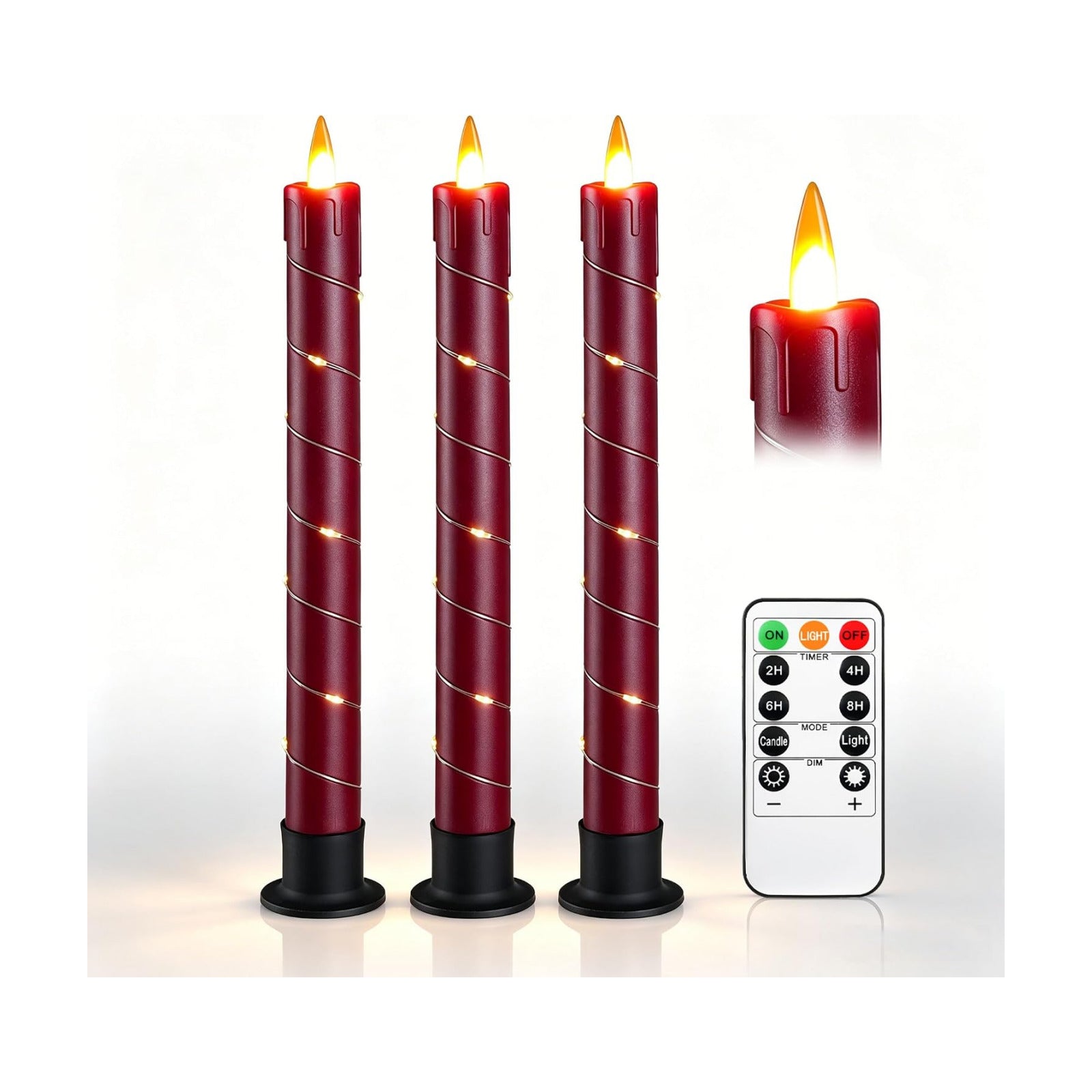 Da by 3 Pack Red Dripping Wax Flameless Candles, Realistic Dynamic Flame LED Taper Candles with Surrounding Fairy