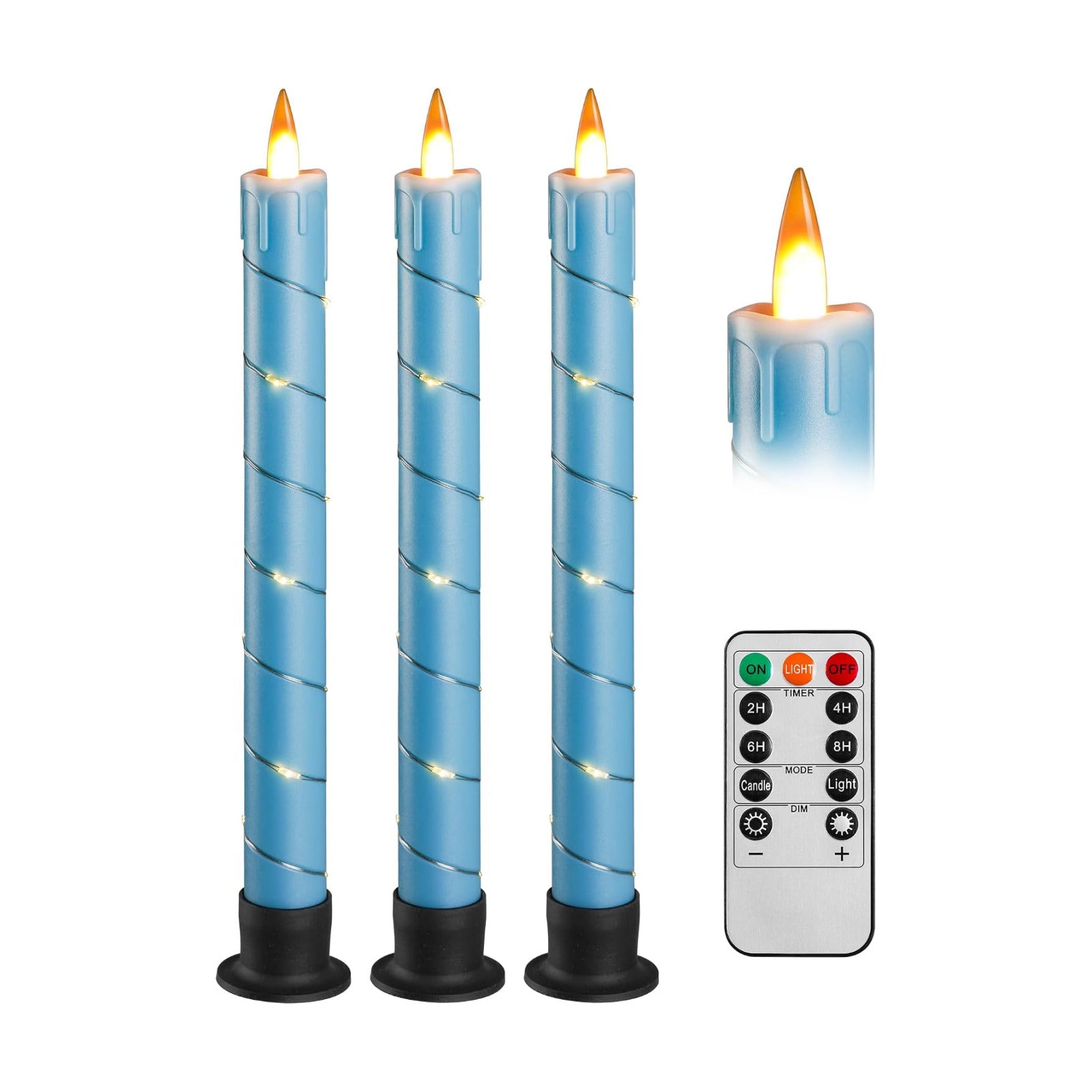 3 Pack Blue Dripping Wax Flameless Candles, Realistic Dynamic Flame LED Taper Candles with Surrounding Fairy String