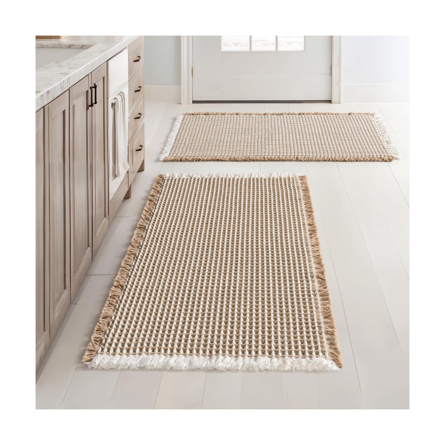 MIULEE Set of 2 Waffle Bathroom Rugs Boho Bath Mat Brown&White 18x30 Inch