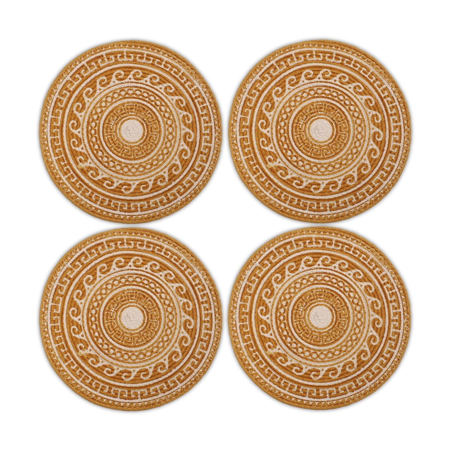 Encasa XO Dining Placemats, Cotton Round Table Mats 13" Mustard Mandala Print