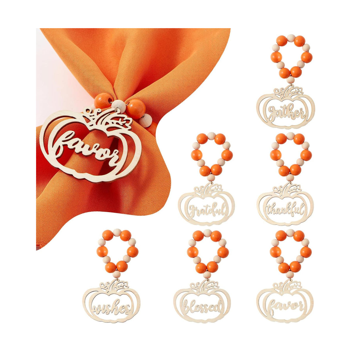 6Pcs Fall Thanksgiving Pumpkin Wood Napkin Rings, Thanksgiving Table Decor