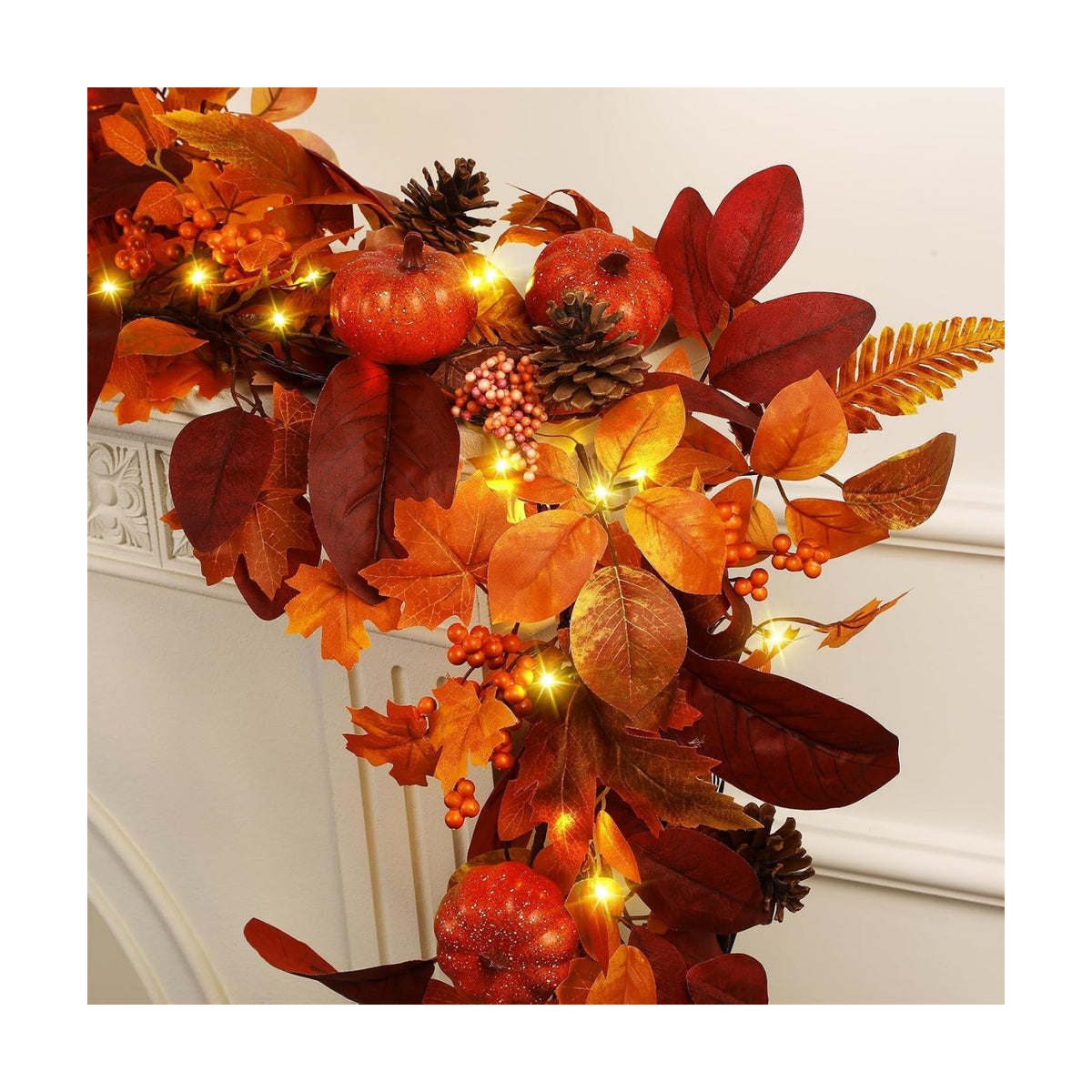SHareconn 2 Packs 6ft Fall Garland with Lights and Timer for Mantle