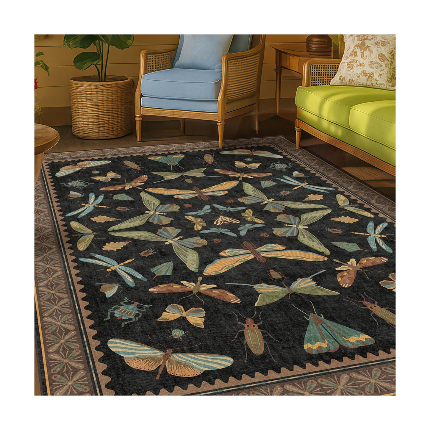 Washable 5x7 Black Rug for Living Room - Foyer Rugs for Entryway, Bedroom, Home Office, Gothic Witchy Insect Bug Floral
