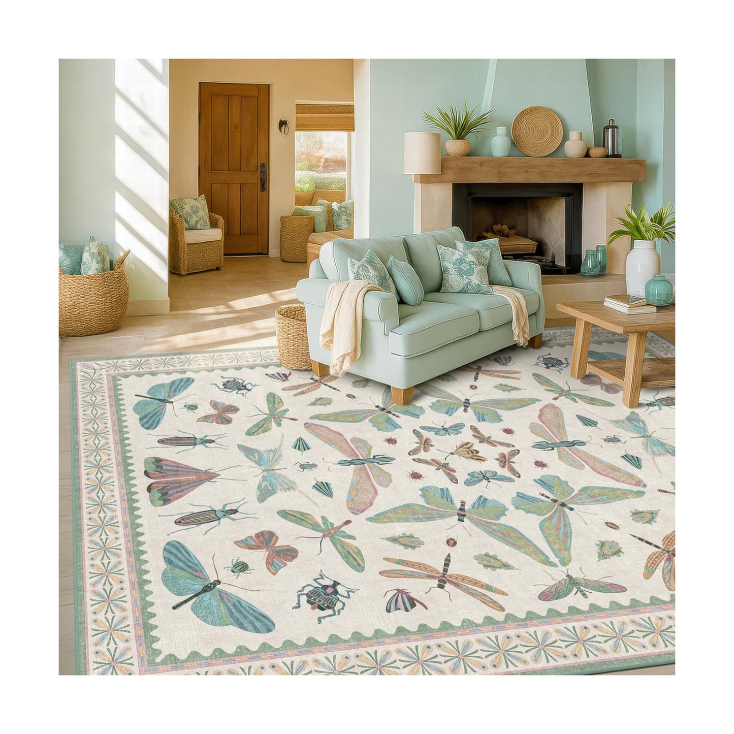Hazo Haus Sage Green Rugs for Bedroom Under Bed - 6x9 Area Rug for Living Room, Dining Room, Kids Playroom, Fun Insect