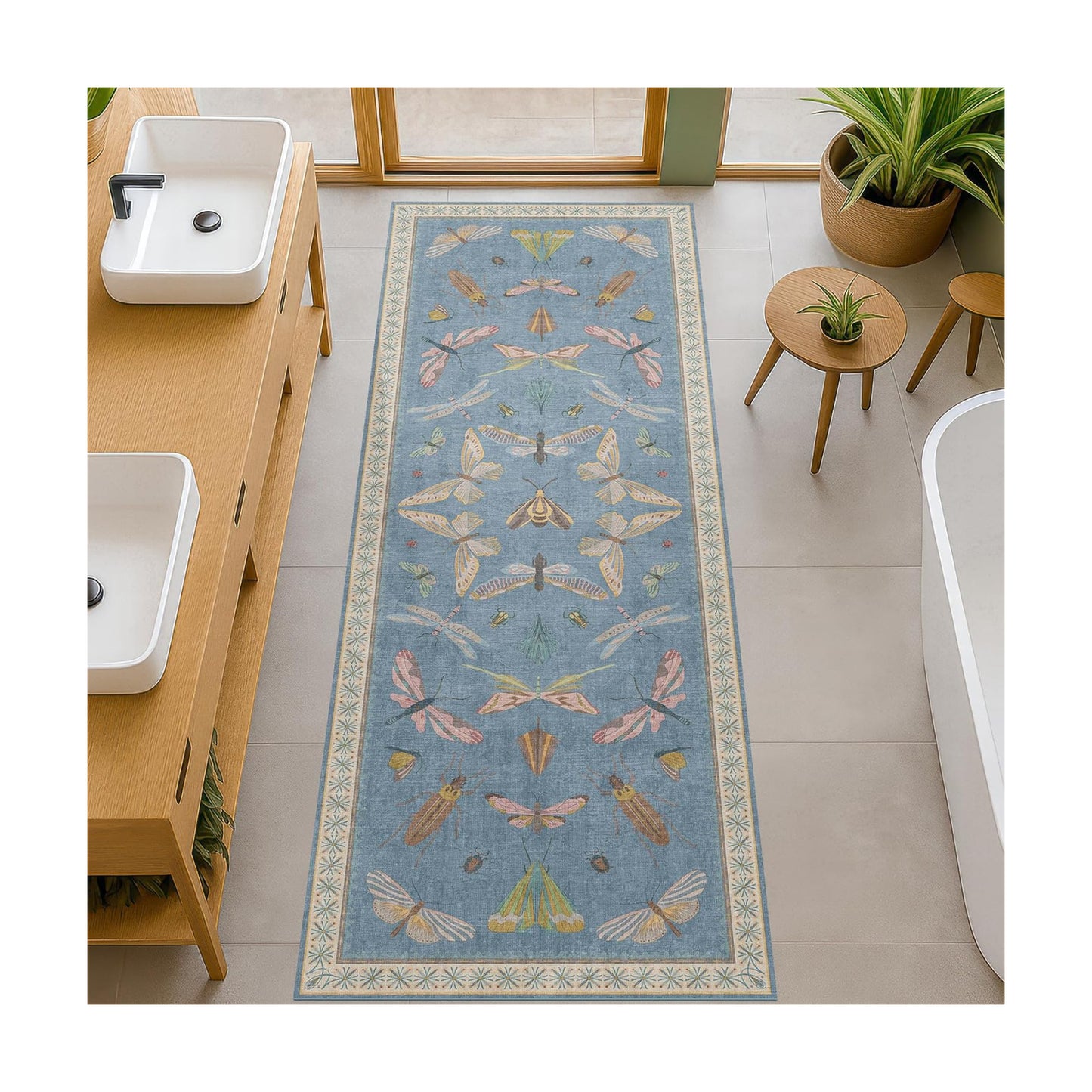 Hazo Haus Boho Non Slip Kitchen Rug Runner - 2x6 Blue Washable Rug for Bathroom, Laundry Room, Hallway, Non Slip with