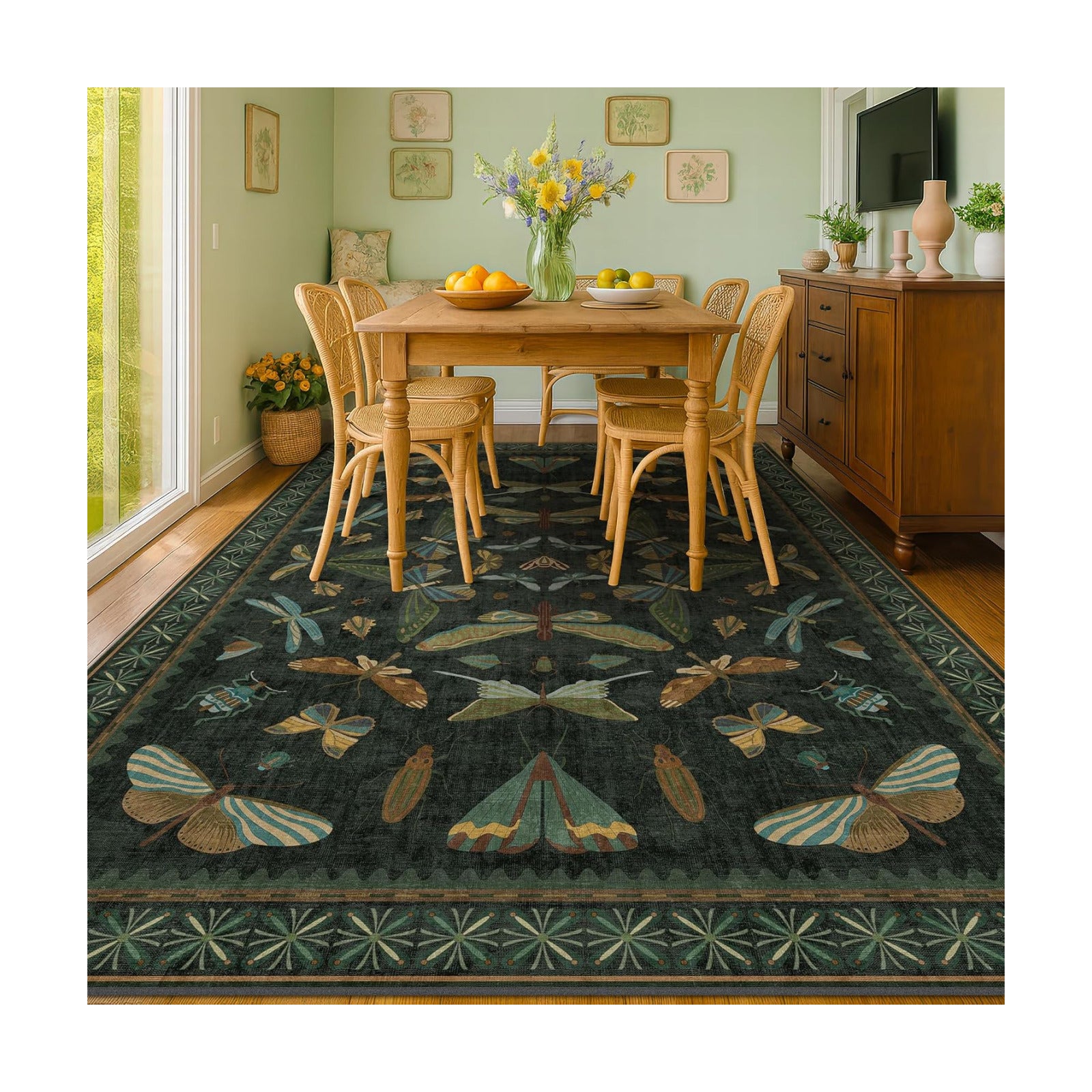 6x9 Dark Green Area Rugs for Dining Room - Rugs for Living Room, Bedroom Under Bed, Insect Moth Floral Non Slip Low